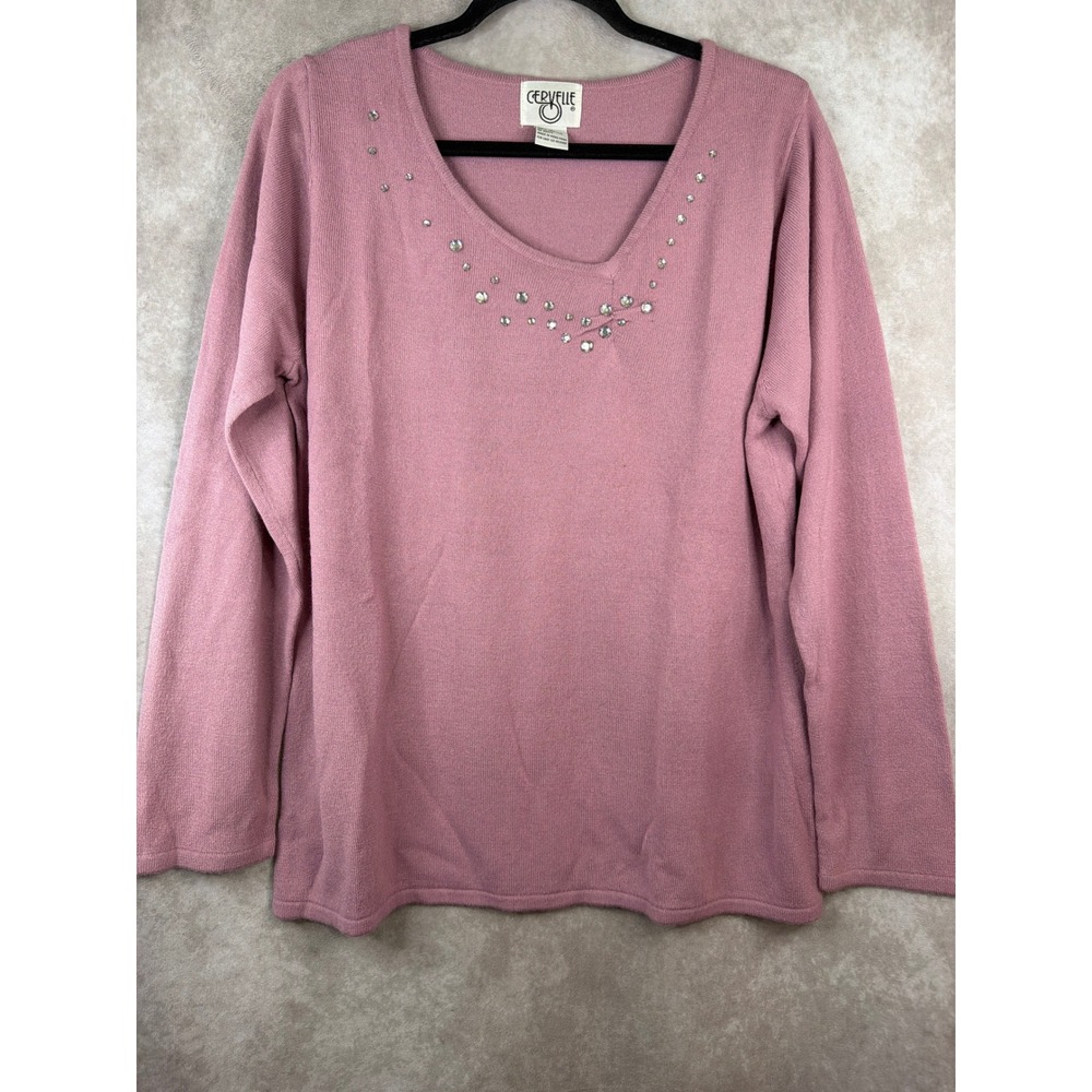 NWOT VTG Cervelle ‎ Women's Dusty Pink Embellished VNeck Sweater Size Large